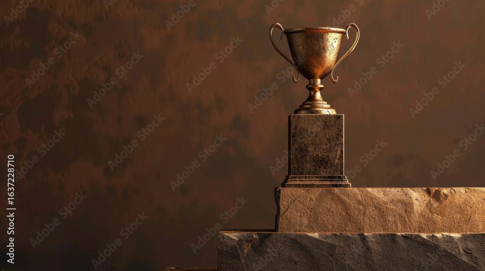 Obraz premium Bronze trophy sits atop dark stone pedestal, illuminated against textured brown background, symbolizing achievement and success in creative studio setting