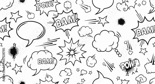 Seamless comic book background pattern with speech bubbles bam pow and stars for design and creative projects