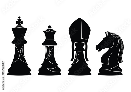 Vector art of chess pieces silhouettes including king, queen, knight, and bishop isolated on white background