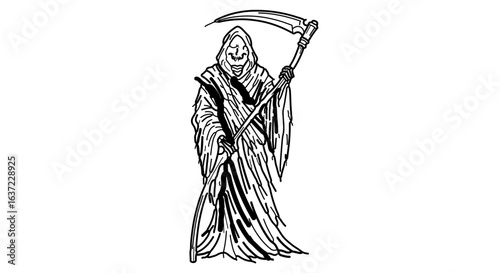 Grim reaper illustration drawing of death holding scythe halloween spooky ghost black and white artwork sketch 1