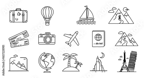 Travel and tourism icons set for adventure vacation planning and holiday trip destinations vector illustration