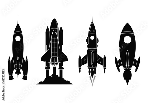 Vector art of collection of rocket and spacecraft silhouettes isolated on white background