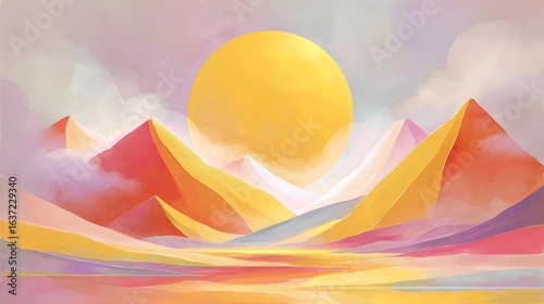 Colorful, stylized landscape with mountains and a large sun.
