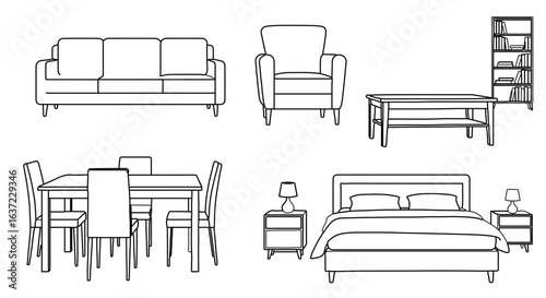 Furniture outline drawing: sofa, armchair, table, bed, bookcase, chairs, and bedside tables design 100