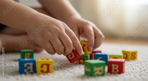 Early childhood education concept with a toddler playing with colorful wooden alphabet blocks on a carpet at home or in preschool.