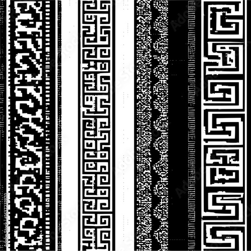Black and white vertical borders featuring geometric patterns and textured designs in a repetitive sequence