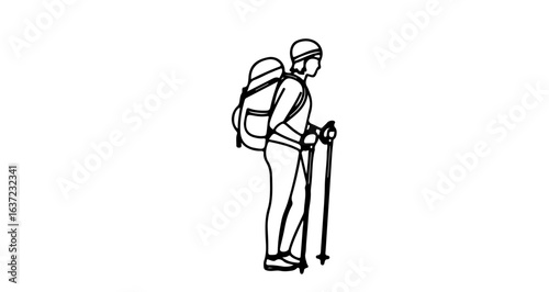 Hiking adventure illustration of a trekker with backpack and trekking poles ready for mountain exploration