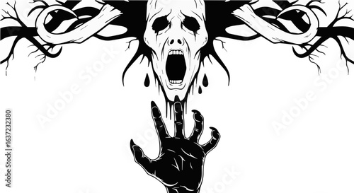 Black and white horror art featuring a screaming skull reaching for a hand in the darkness illustration
