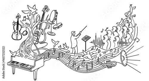 Musical orchestra concert illustration with piano violin trumpet and conductor performing music score art