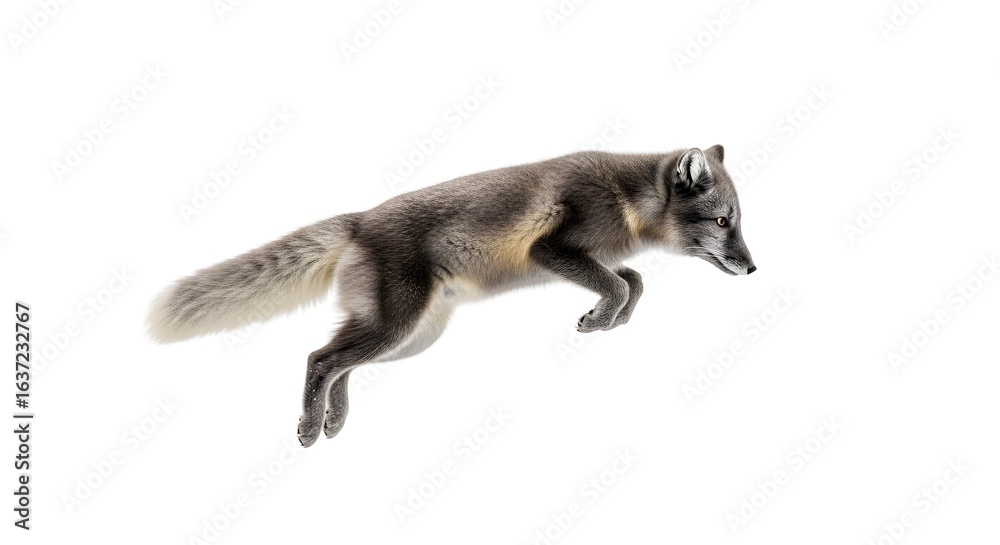 Obraz premium Arctic Fox Leaping Against White Background
