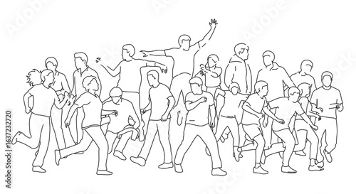 Crowd of people running vector illustration group of men and women jogging marathon race outline drawing
