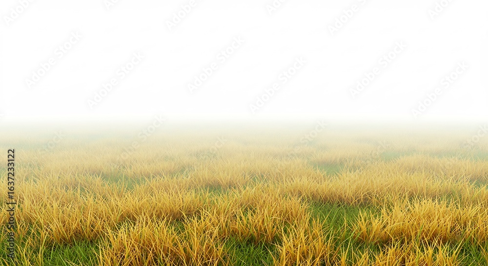 Obraz premium 黄金色の草原 朝霧が静かに漂う 穏やかな風景. AI Generated