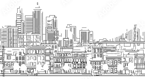 Cityscape skyline drawing urban architecture illustration with buildings and skyscrapers line art design