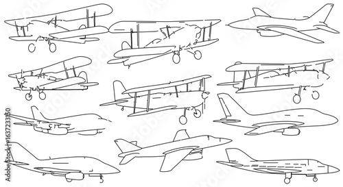 Airplane sketch collection vector illustration of vintage and modern planes for aviation enthusiasts design