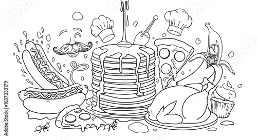 Delicious food coloring page for kids and adults with pizza pancakes chicken hotdog and banana clock 100