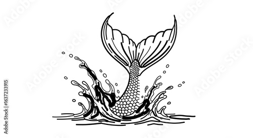 Mermaid tail splashing in water vector art drawing illustration for tattoo design and coloring page idea