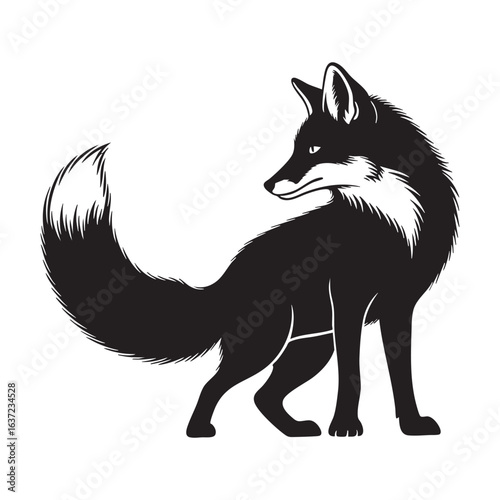 Elegant Black and White Fox Silhouette with Bushy Tail