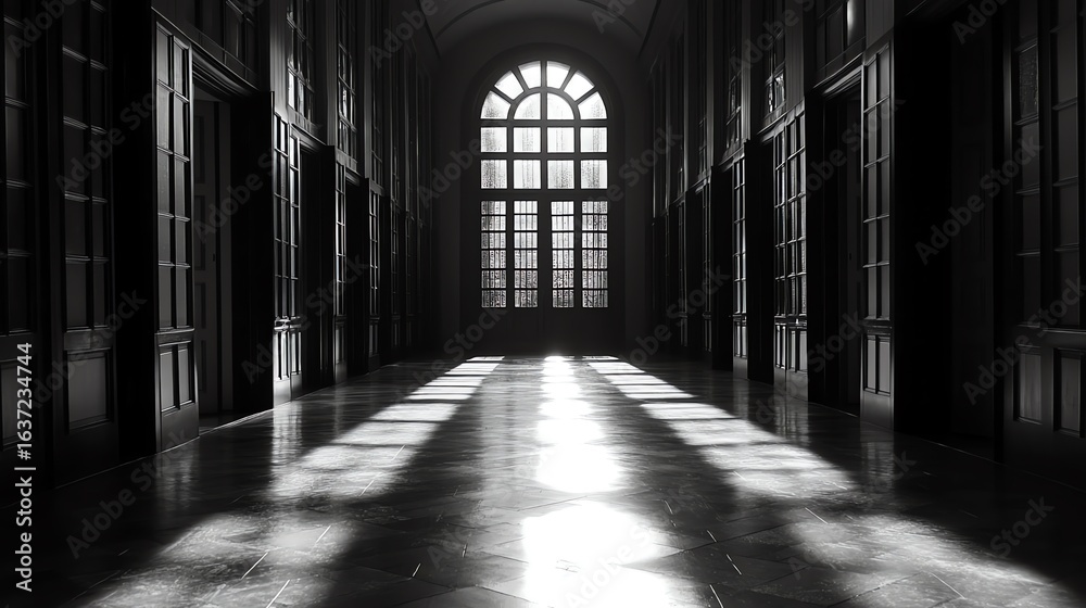 Fototapeta premium Elegant Hallway with Natural Light and Arched Window