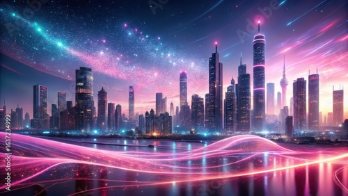 Wallpaper Mural Glittery pink dust swirling around a futuristic cityscape at dusk Torontodigital.ca