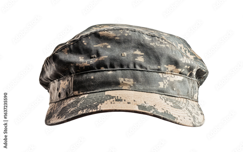 Fototapeta premium Camouflage military style cap with flat top isolated on white background