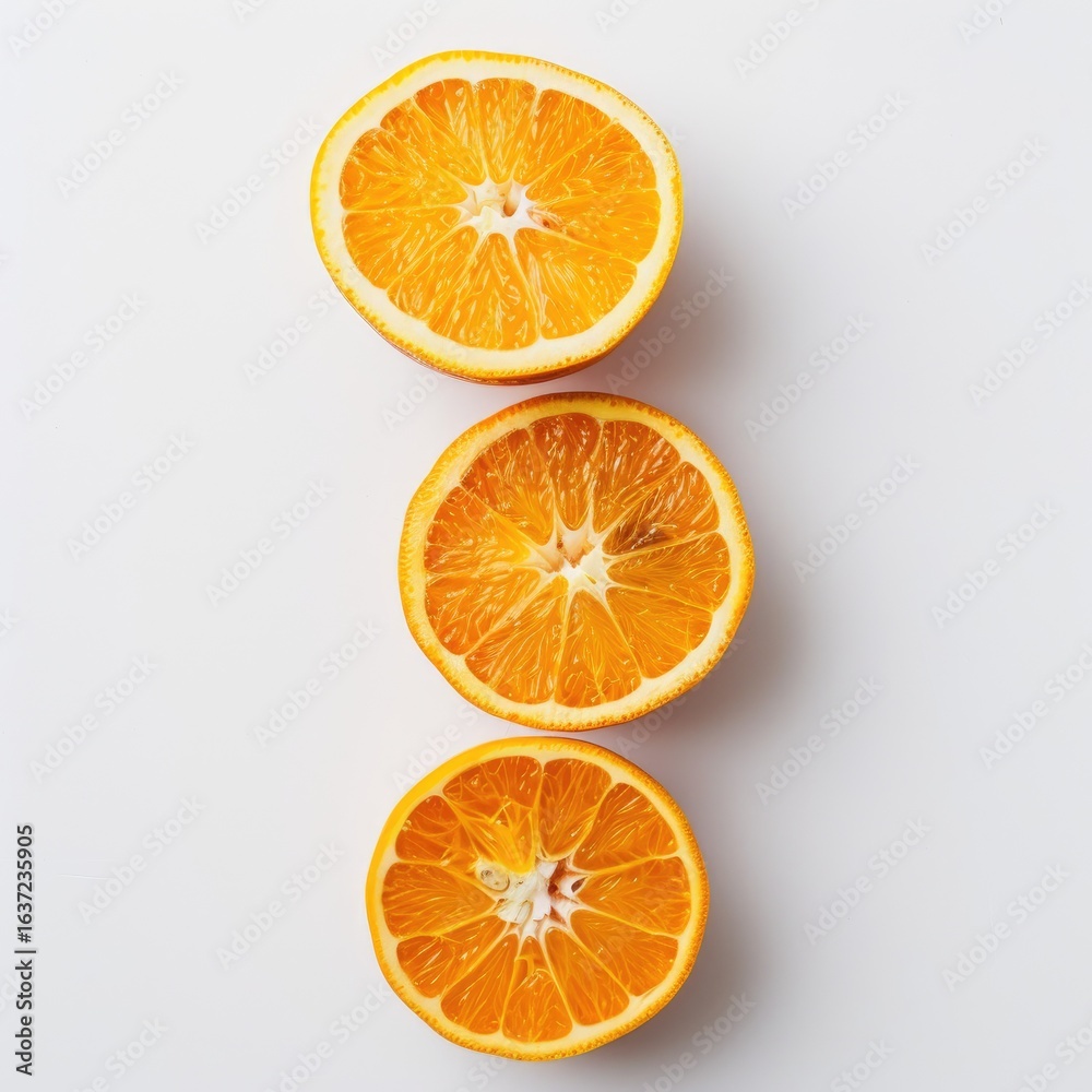 Three orange slices vertically aligned on a white surface Three orange slices vertically aligned on a white surface