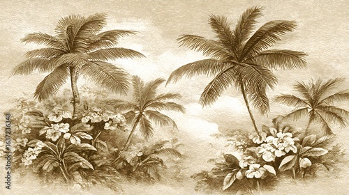 Tropical palm trees and flowers in a sepia-toned illustration.