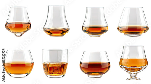 Collection of eight whisky tasting glasses with amber liquid isolated on white background