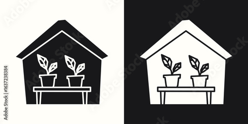 Black Filled and White Filled Cutout Icons of a Greenhouse