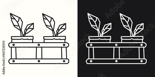 Black Line Art and White Line Art Cutout Icons of a Planter Box