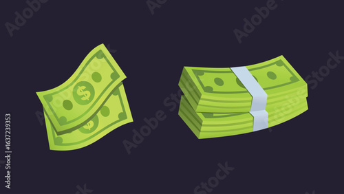 Two piles of green dollar bills on dark background, suitable for finance or moneyrelated designs, banking advertisements, or financial presentations.