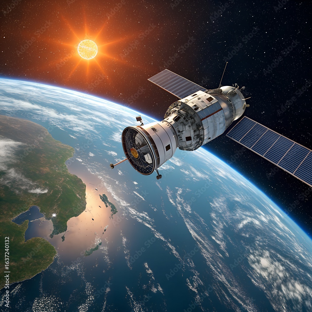 Obraz premium Satellite orbiting earth with the sun shining brightly