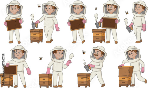 Beekeeper cartoon illustration, protective suit and smoker, inspecting beehive frames, honey farming process, apiary care vector, bee management