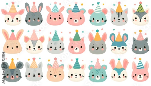 Cute cartoon animal heads with colorful party hats in neat grid on pastel background in flat vector style