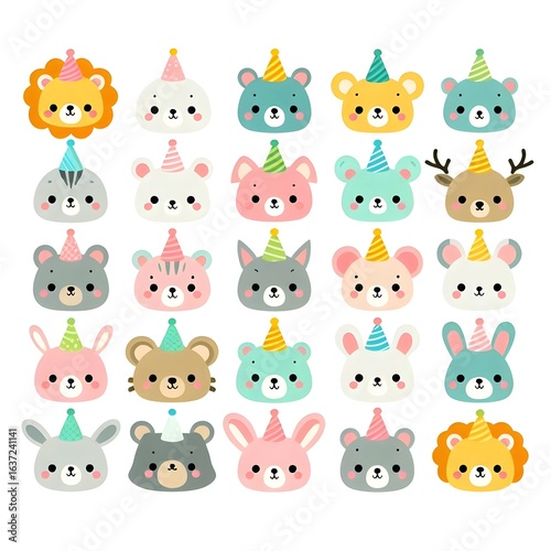 Cute cartoon animal heads with colorful party hats in neat grid on pastel background in flat vector style