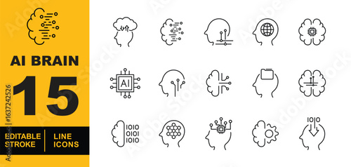 Artificial Intelligence Brain set of web icons in line style. A collection of linear icons representing key Artificial Intelligence Brain concepts, including AI cloud processing. Editable stroke