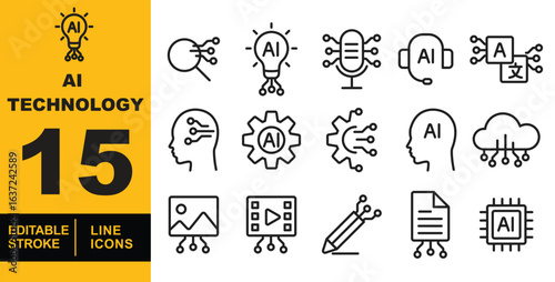 Artificial Intelligence Technology set of web icons in line style. A collection of linear icons representing key Artificial Intelligence Technology concepts, including AI processing. Editable stroke