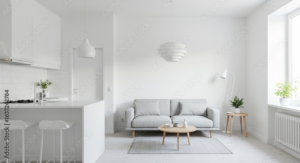 Fototapeta premium 白く清潔な部屋 柔らかな光が降り注ぐ 心地良い空間. AI Generated