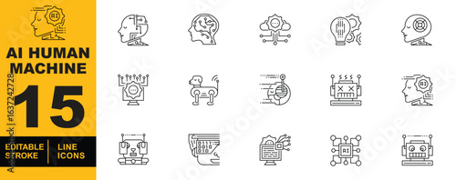 Artificial Intelligence Human Machine set of web icons in line style. A collection of linear icons representing key Artificial Intelligence Human Machine concepts,  and more. Editable stroke