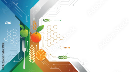 Modern healthy food background with fruits wheat fork and digital technology circuit design for nutrition science and agriculture innovation concept