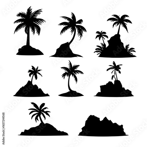Silhouette illustrations of various palm trees on small islands or rock formations, isolated on a white background, creating a tropical island scene.