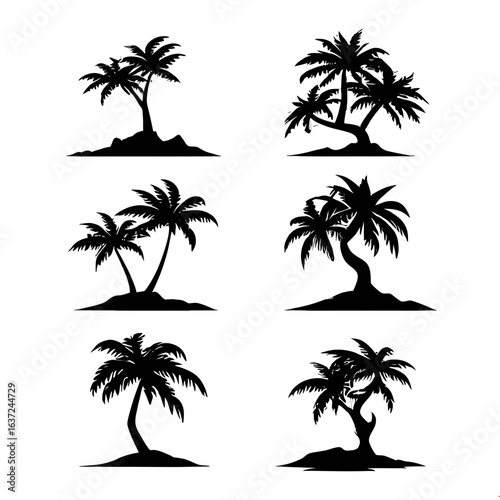 Six silhouette illustrations of various palm tree formations, each situated on small patches of land, against a white background.