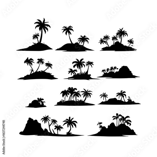 Collection of silhouetted tropical islands with palm trees, depicted in various shapes and arrangements on a white background.