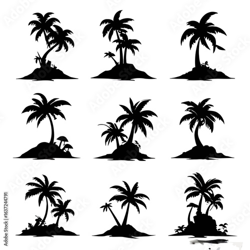 Nine black silhouette illustrations of tropical islands with palm trees, showcasing various shapes and arrangements on small landmasses.