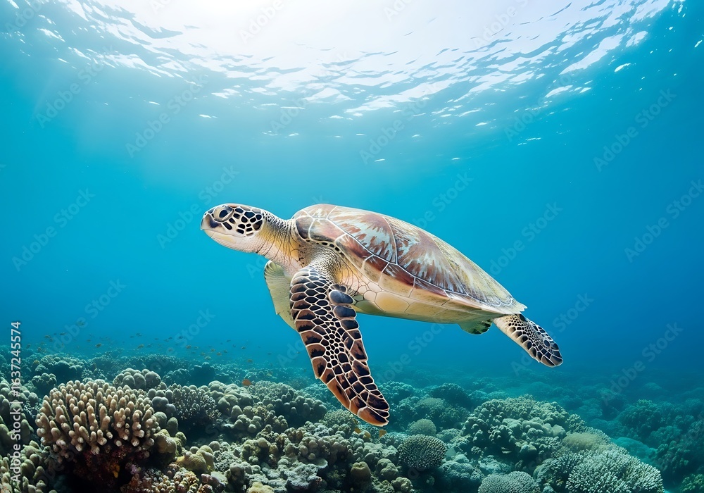 Fototapeta premium Sea turtle swimming gracefully underwater over a vibrant coral reef. Bright blue ocean, natural marine wildlife scene. Perfect for conservation, travel, and nature themes.