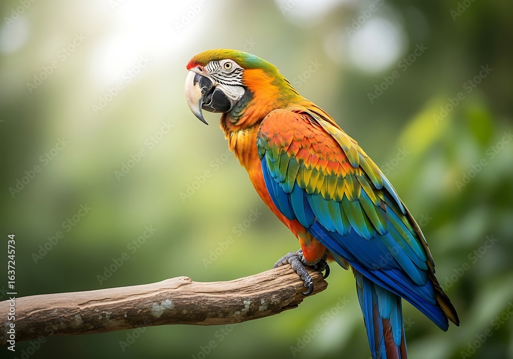 Obraz premium Vibrant colorful macaw parrot perched on branch. Exotic tropical bird in natural habitat. Ideal for wildlife, nature, and travel themes.