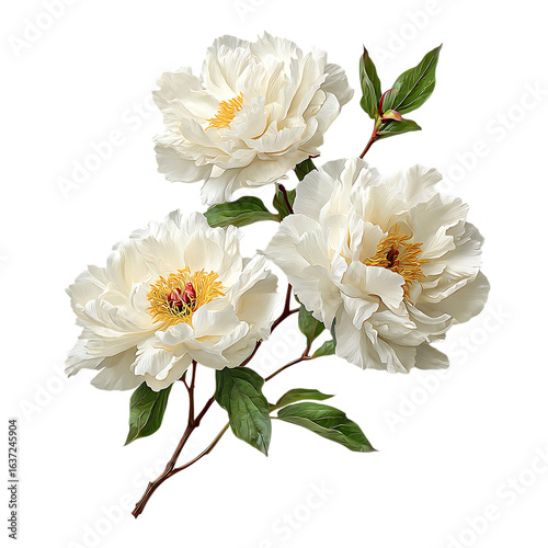 Three white peonies with yellow centers and green leaves on transparent background