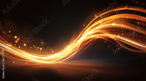 Abstract dynamic glowing light wave with sparks and streaks of golden orange illumination on dark background