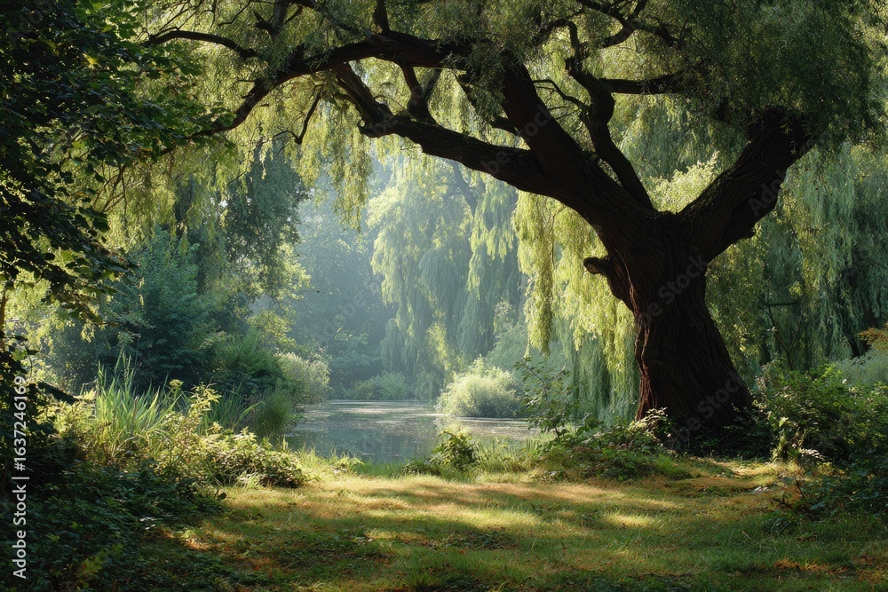 Naklejka premium Sunlit forest scene with a large tree and calm water