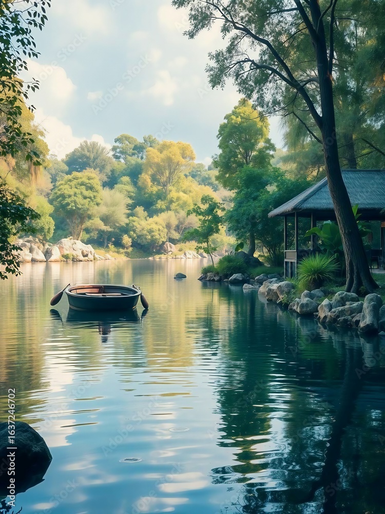 Naklejka premium Tranquil River Scene Featuring a Small Boat, Lush Greenery, and a Charming Pavilion Under a Softly Clouded Sky