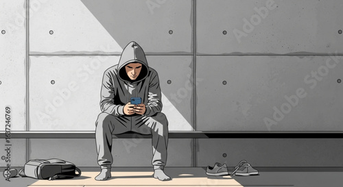 Man in hoodie using phone sitting alone illustration vector art for sad loneliness and technology concept
